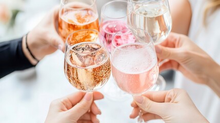 Diverse adults toasting with colorful drinks in a celebratory setting  