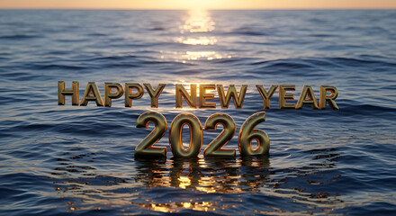 Happy New Year 2026 Golden Text on Ocean Waves at Sunrise.