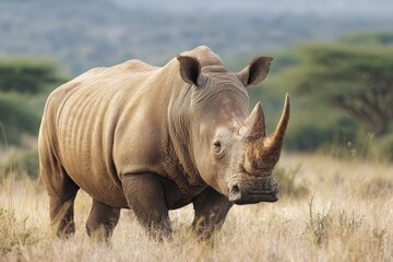Obraz premium A rhino standing in a grassy field looking to its right