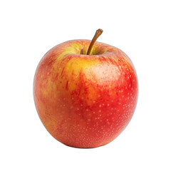 Close-up of a single, round apple.  Ripe, red-pink with yellow-orange stripes.  Stem attached.  Isolated against black background