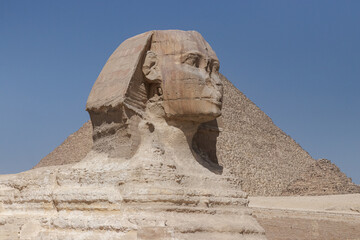 The Great Sphinx of Giza from a Side Profile with Pyramid, Egypt, March 2, 2024