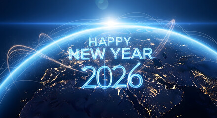 Happy New Year 2026 Futuristic Earth with Glowing Blue Text and Network Connections.