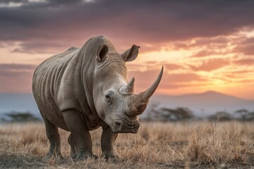Fototapeta premium A rhinoceros stands in a grassy field at sunset with a dramatic sky