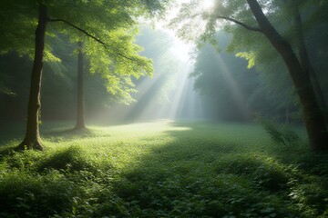 Obraz premium Sunbeams in a Misty Green Forest