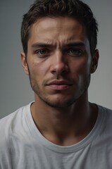 Obraz premium Portrait of a Sad and Distressed Young Man with Tearful Eyes, Close-Up Studio Shot