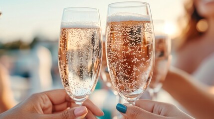 Friends clinking champagne glasses at sunset during celebration
