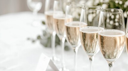 Row of Hugo Spritz glasses filled with sparkling beverage on table  