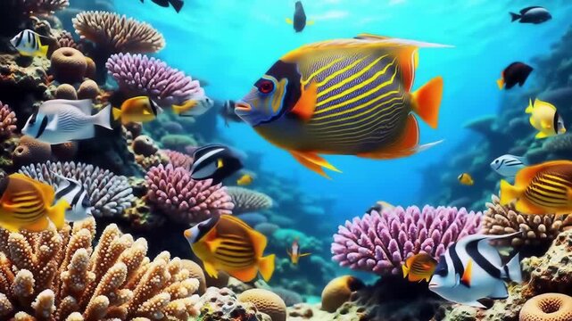 Stylized animation of a vibrant underwater coral reef with a school of colorful tropical fish swimming
