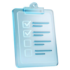 Checklist 3D Icon, Clipboard with Check Marks, Task Management, To-Do List, Approval Sign, Transparent Glass Checklist