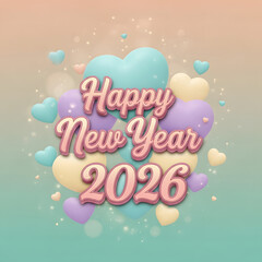 Happy New Year 2026 Greeting with Pastel Hearts and Soft Colors.