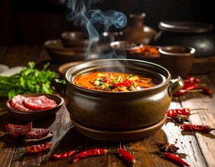 Mini Chongqing hotpot, Spicy Hot Pot with Steaming Vapor in a Rustic Setting