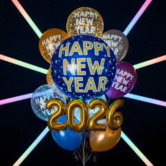 Happy New Year 2026 with Colorful Balloons, Glitter, and Neon Lights.