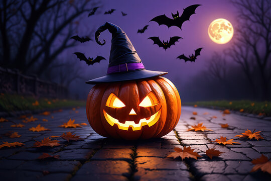 Spooky Halloween Jack-o'-lantern with Witch Hat and Bats Flying in the Night Sky
