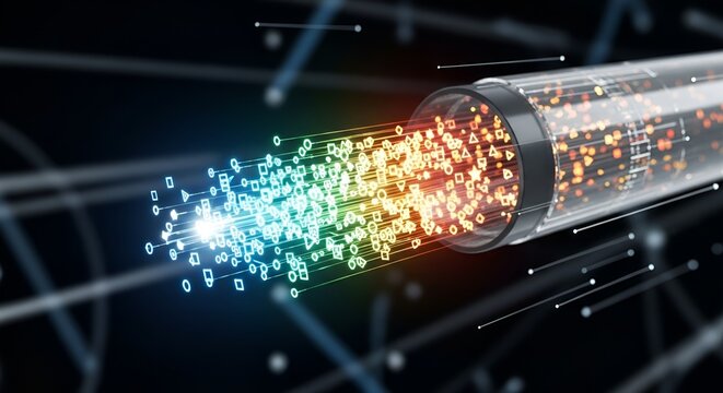 Close up of a fiber optic cable transmitting data with colorful geometric shapes and light trails