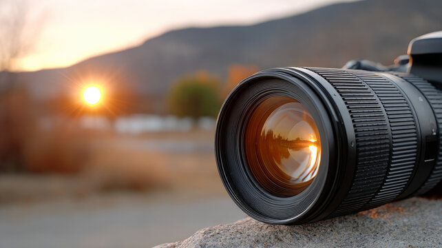 Camera lens capturing scenic sunset with blurred background.