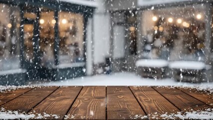 Snowy storefront view from a wooden tabletop Bokeh lights shine within - Powered by Adobe