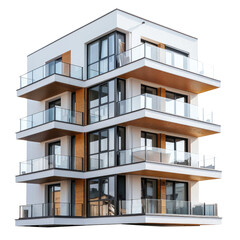 Obraz premium Modern white apartment building with glass balconies and wooden accents. background removed