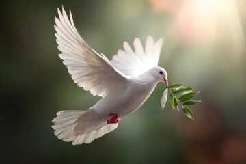 Obraz premium White dove in flight carries an olive branch bathed in light against a softfocus background