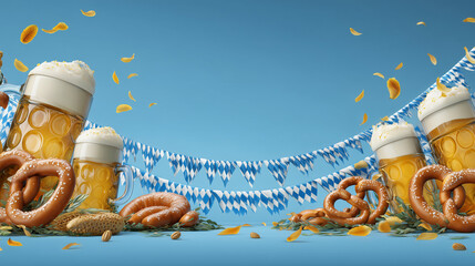 Bavarian Oktoberfest theme, large beer steins, pretzels, sausages, ribbon banner frame