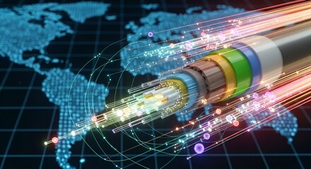 A cross section of an optical fiber cable with connections over a map of the world illustration