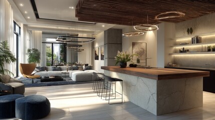 Contemporary open concept apartment, textured base kitchen island, cozy living area with modern furniture, chic lighting, premium luxurious atmosphere