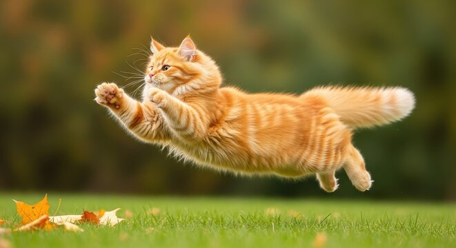 Playful fluffy ginger cat jumping in the air outdoors in autumn - Powered by Adobe