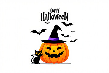Happy Halloween Pumpkin with Black Cat and Bats Illustration