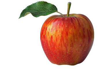 A vibrant red apple with streaks of orange, attached to a green leaf, isolated on a transparent background. background removed