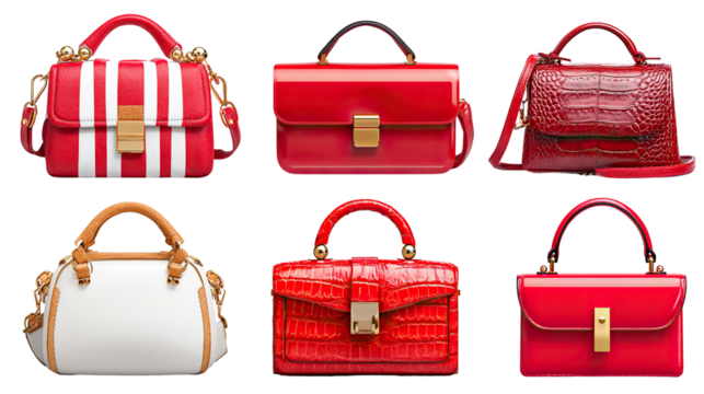 Collection of Stylish Handbags: A captivating array of elegant handbags showcased in a professionally lit display. Each bag, meticulously designed, represents the pinnacle of fashion.