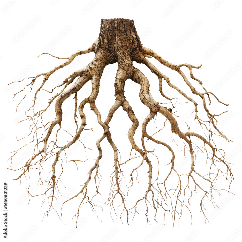 Poster a detailed image of a tree's extensive root system, showcasing its intricate network and strong foun
