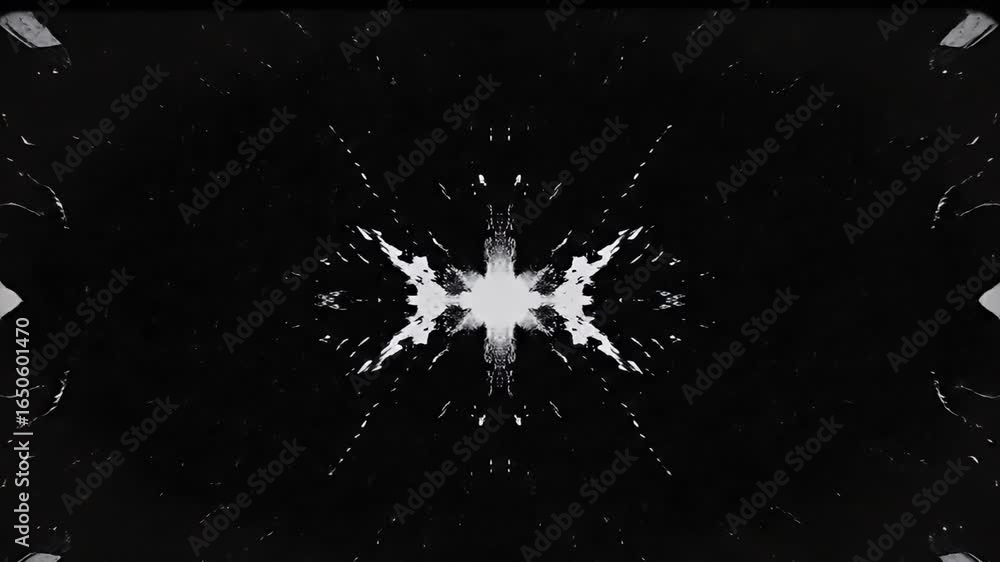 Poster symmetrical abstract pattern of black with central white burst and irregular white shapes at the edg