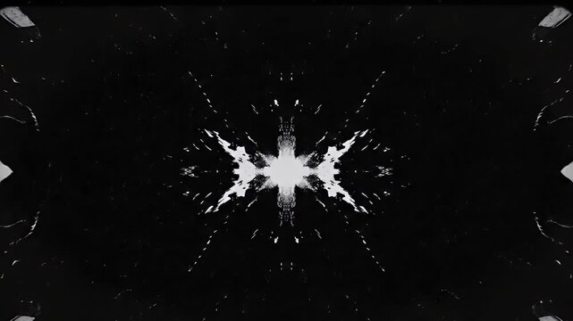 Symmetrical abstract pattern of black with central white burst and irregular white shapes at the edges