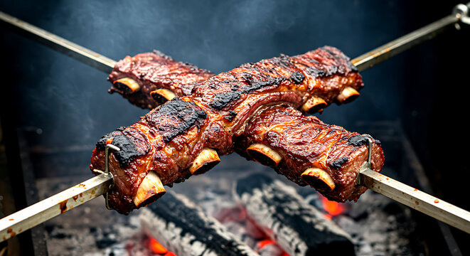 Argentina &ndash; Asado (Beef Ribs on Cross Spit). beef ribs (asado) on a cross-shaped spit, slow-cooked over hardwood embers 