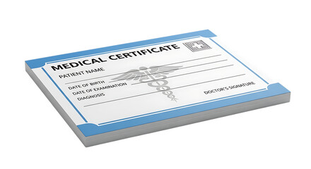 Illustration of a medical certificate with patient details and doctors signature is isolated on a transparent background