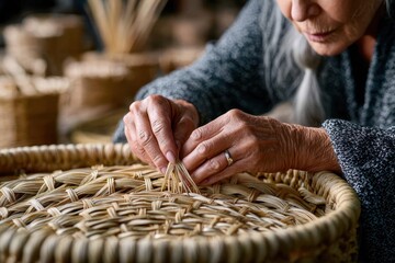 Craftswoman weaving a traditional basket in a workshop during daylight hours
