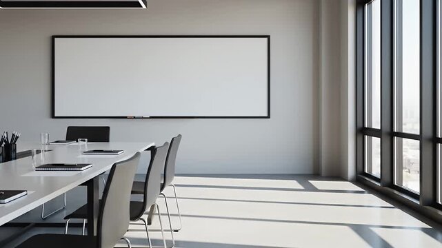 Slow pan of a modern empty conference room with a blank whiteboard and large windows revealing a sunlit professional office space