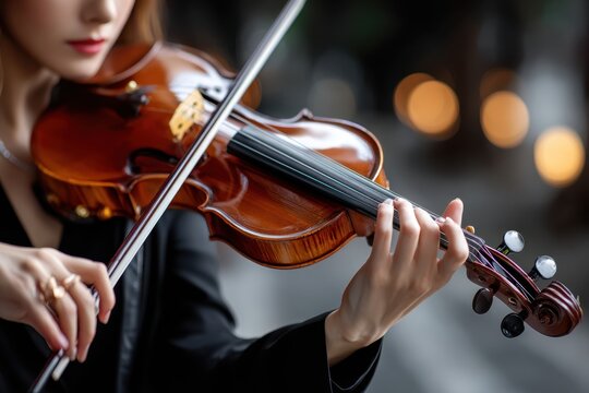 Musician performs with violin in urban setting during evening hours