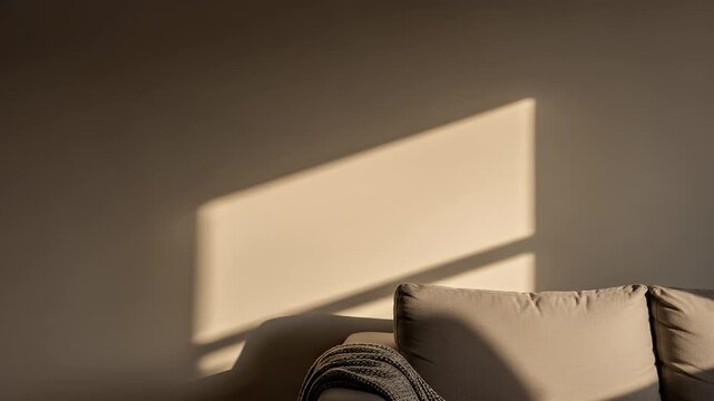 Calm minimalist interior with warm morning sunlight casting geometric shadows on a beige wall above a cozy sofa creating a peaceful mood