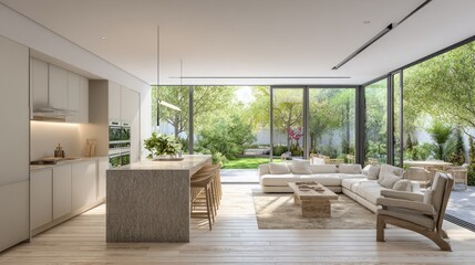 Minimalist open space, side view of kitchen and living room, textured base island, full height windows overlooking vibrant green garden