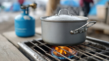 Metal pot boiling on a gas stove outdoors at a campsite.