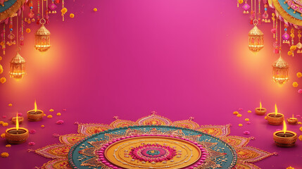 navaratri festival, colorful rangoli with flowers, dandiya sticks, decorative lamps, bright pink to gold gradient