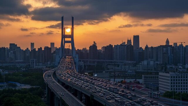sunset was perfectly framed by Nanpu bridge in Shanghai