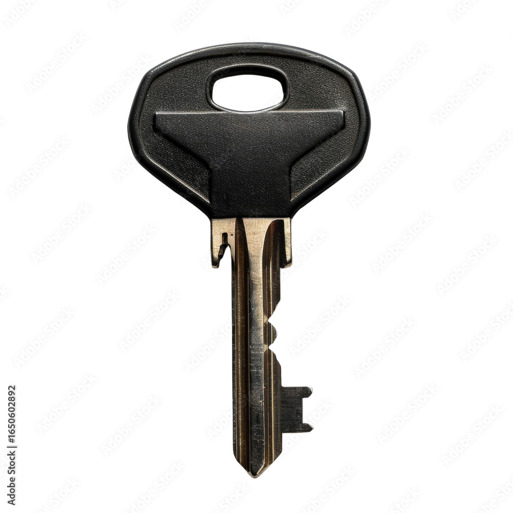 Poster close-up of a single black key with a metallic bit, isolated on a transparent background. background