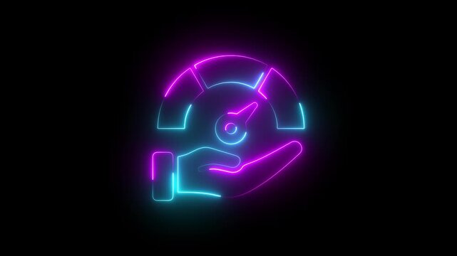 Risk neon icon on speedometer in hands. high risk meter animation