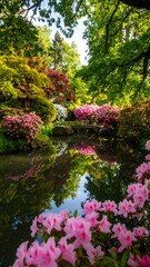 Serene garden pond reflecting vibrant azaleas and lush greenery (1)