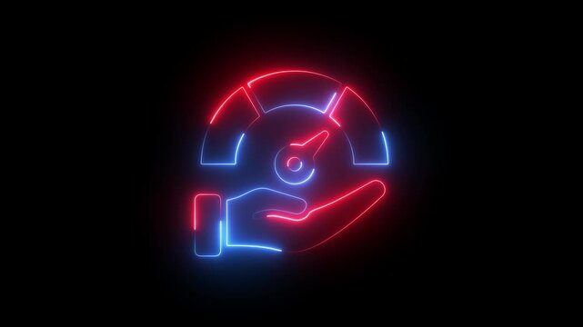 Risk neon icon on speedometer in hands. high risk meter animation