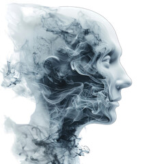 A profile portrait of a head, with swirling, gray-toned smoke or vapor forming the facial features.  The head shape is smooth,  and a subtle light grey tone creates a sense of depth and translucence