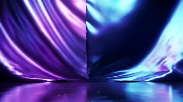 Iridescent metallic fabric undulating with shifting chromatic highlights and soft reflections