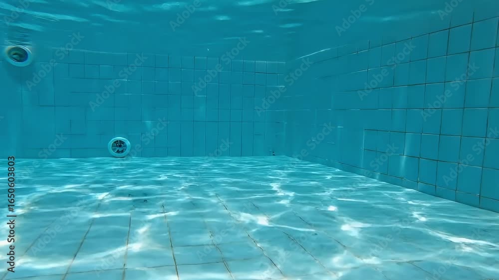 Poster underwater view of a tiled swimming pool showing the floor walls water surface distortion and two ou
