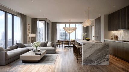 Spacious luxury apartment with open kitchen and living, textured base island, premium cabinetry, stylish decor, neutral color scheme, airy atmosphere